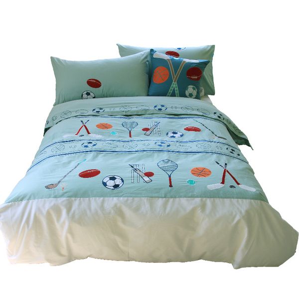 

cotton cartoon boy embroidery basketball football hockey tennis soccer baseball bedding set twin full  size