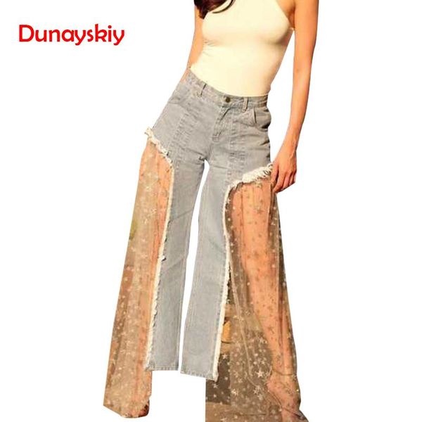 

spring 2019 personality blue patchwork transparent loose mid waist casual wide leg full denim pants women star sequin jeans