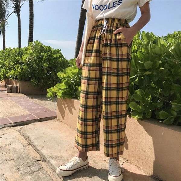 

chic women pants vintage loose lace up elastic waist straight trousers female summer harajuku wide leg ankle length pants 2020, Black;white