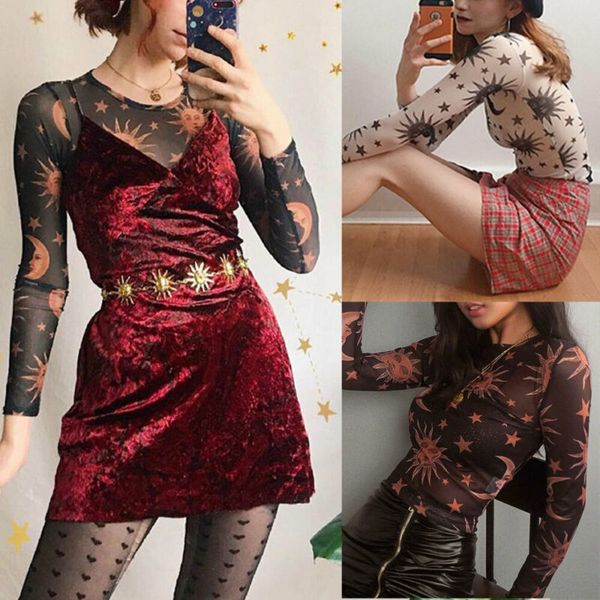 

women sheer mesh fish net long sleeve turtle neck see crop t-shirt blouse, White;red