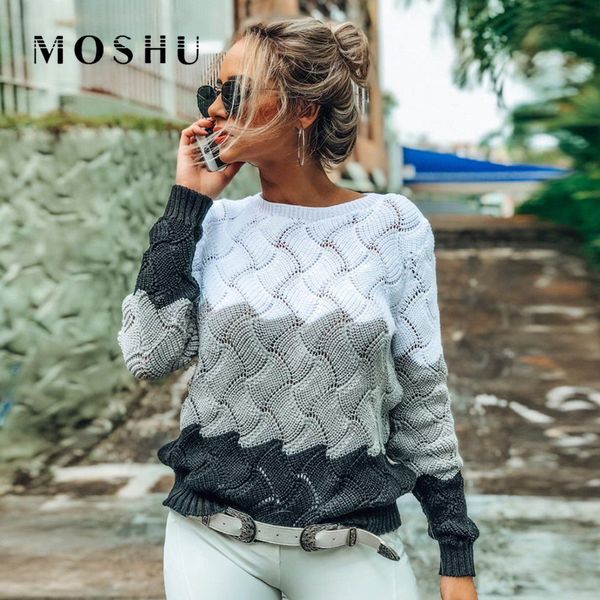 

patchwork color knitted pullover sweater women 2019 winter long sleeve crewneck vintage ladies pullovers jumper mit streifen, White;black