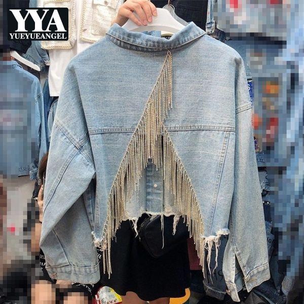

women's jackets diamond tassel back split denim jacket women streetwear blue/black short cowgirl coat fashion single breasted loose out, Black;brown