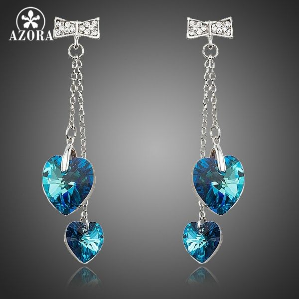 

azora romantic double heart of ocean blue stellux austrian crystal drop earrings for valentine's day gift of love te0184, Silver