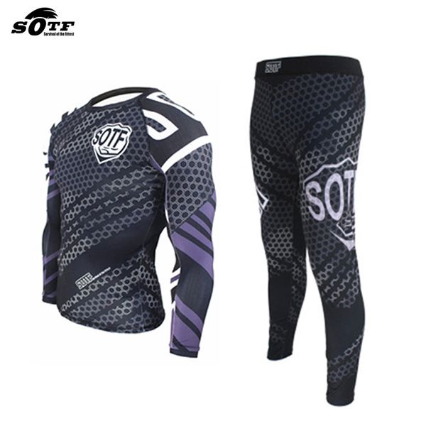 

suotf boxing shorts compression pants rashguard fitness long sleeves base men, Blue