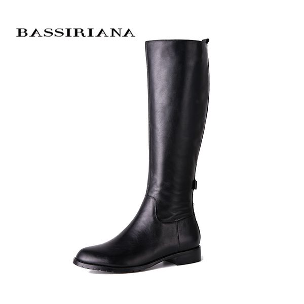

bassiriana new 2018 genuine leather high boots shoes woman square heels round toe zip with pearl and rivet black 35-40 size