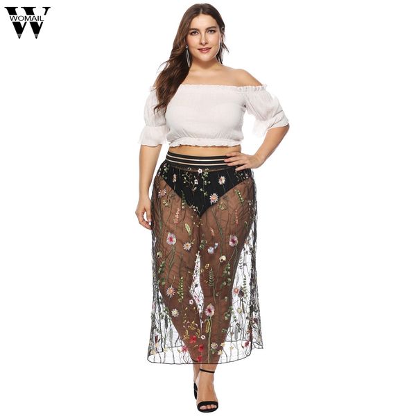 

womail women skirt summer perspective embroidered lace elastic band skirt long casual long skirts for women 2019 m523, Black