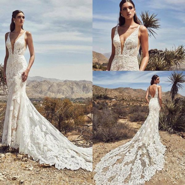 

v neck 2020 mermaid wedding dresses lace open back vestidos de novia court train beach garden bridal gowns, White