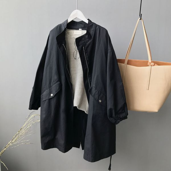 

plus size designer black women trench coat casual trench jacket long sleeve long duster coat british style autumn overcoat, Tan;black