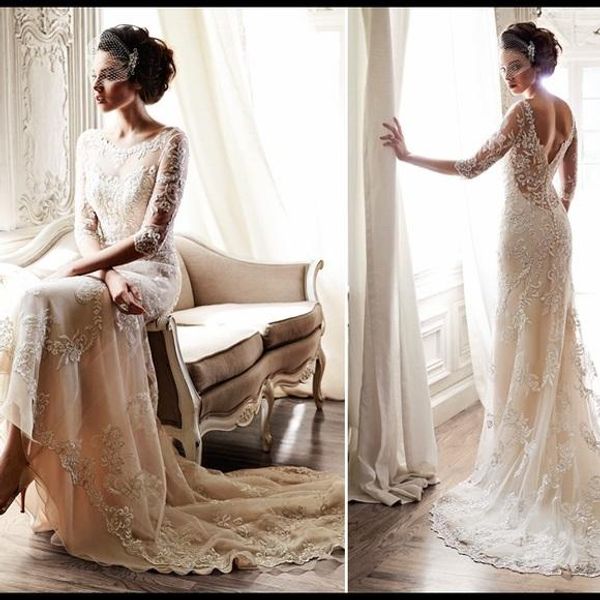 

light champagne lace wedding dresses mermaid open back with buttons vintage 3/4 sleeve sweep train bridal gowns vestidos de novia, White