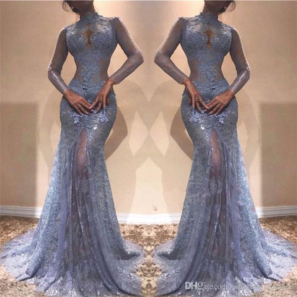 2019 High Neck Lace Sereia Vestidos de noite Sheer Long Illusion Sleeves Applique See Through Sweep Train Formal Party Prom Dresses