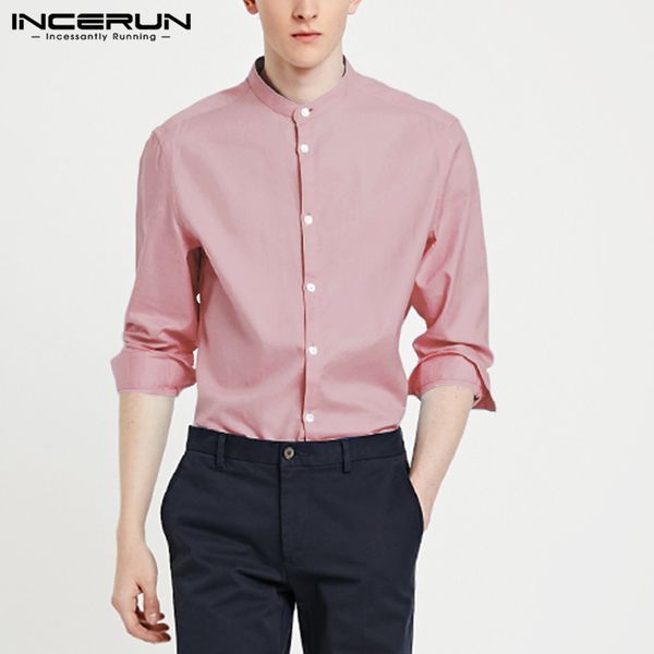 

incerun men dress shirt cotton long sleeve 2020 button plain stand collar casual fashion social shirts men business camisa, White;black