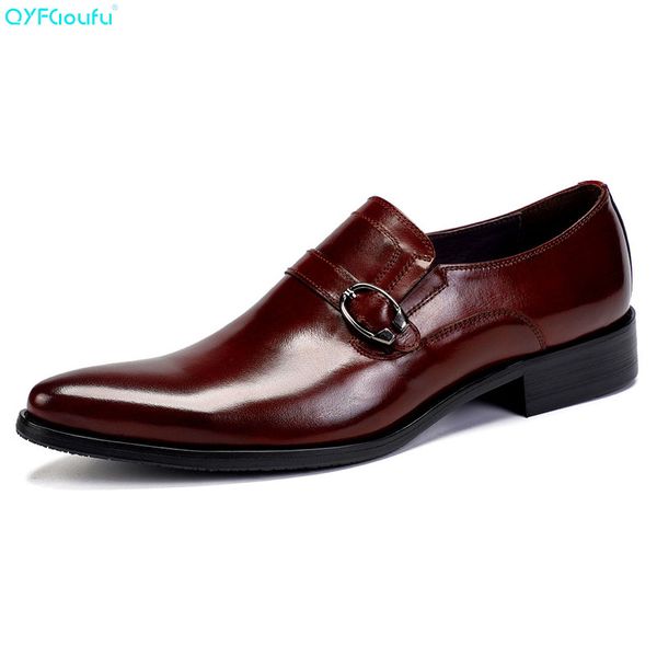 

qyfcioufu new brand slip on mens oxfords buckle genuine leather shoes cow leather luxury business pointy shoes, Black