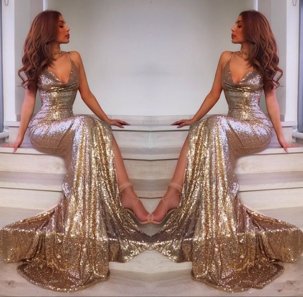 

sparkling gold sequined mermaid prom dresses custom made v neck backless slit women pageant party evening gowns formal 190, Black