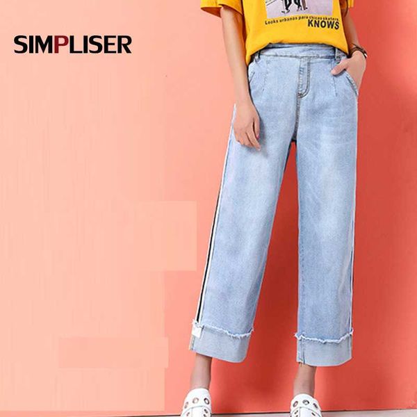 

elastic waist women loose wide leg jeans pants female ankle length trousers plus size femme retro jeans denim blue casual