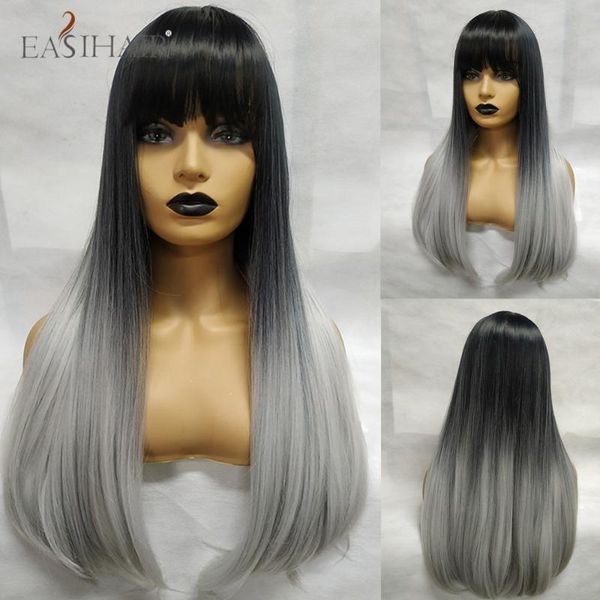 

easihair черного к белому ombre syntheyic парики длинные прямые с челкой daily natural поддельные волос для африканских женщин америки, Black