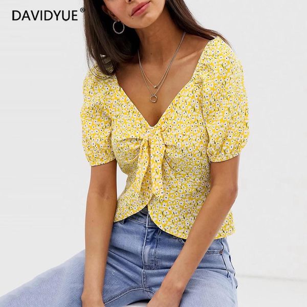 

boho elegant bow tie blouse women summer vintage floral print yellow women shirts korean clothes streetwear 2019 blusas, White