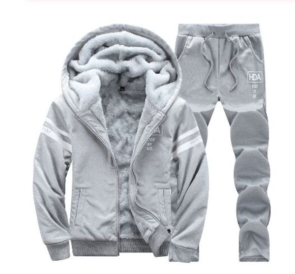 

men set hooded thicken fleece hoodies + sweatpant 2020 winter spring sweatshirt sportswear male letter print, Gray