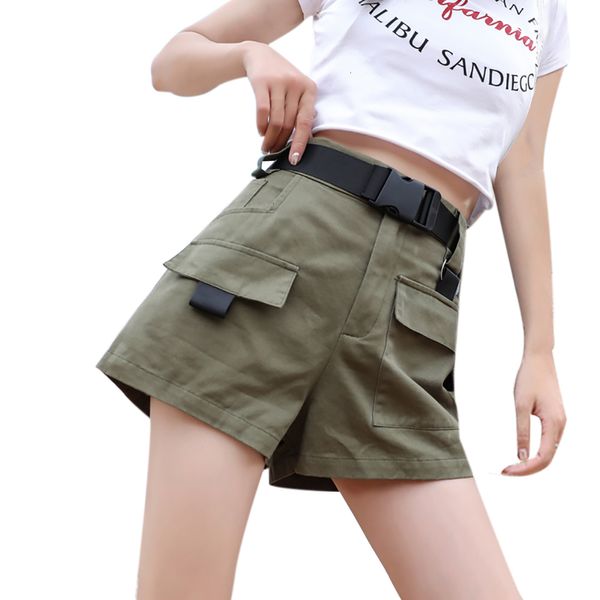

laamei plus size women summer shorts with belt 2019 fashion casual streetwear cargo shorts feminino style army green, White;black