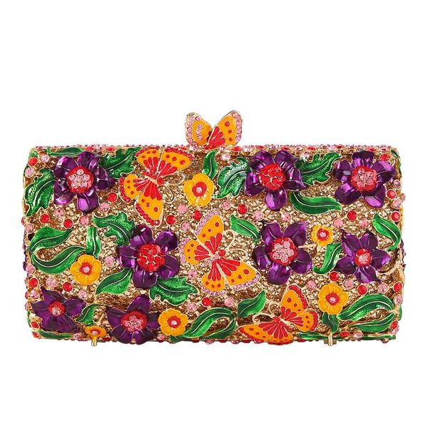 

women diamond violet flower evening handbags female crystal one shoulder chain butterfly bag for party bridal clutch bags