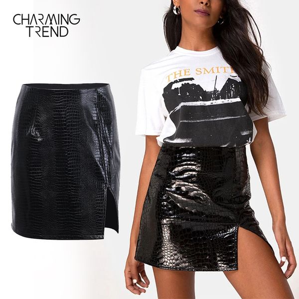 

charmingtrend мини bodycon женщин юбки 2020 весна лето кожезаменитель короткие карандаш юбки выше колена мини-юбка карандаш женщина, Black
