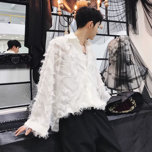 

2019 autumn korean style exquisite personality feather shirts men casual loose feather shirts for men, White;black