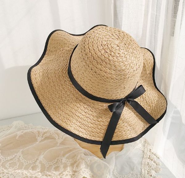 

straw hat female folding wild bow travel sun hat beach big eaves summer sun hat, Blue;gray
