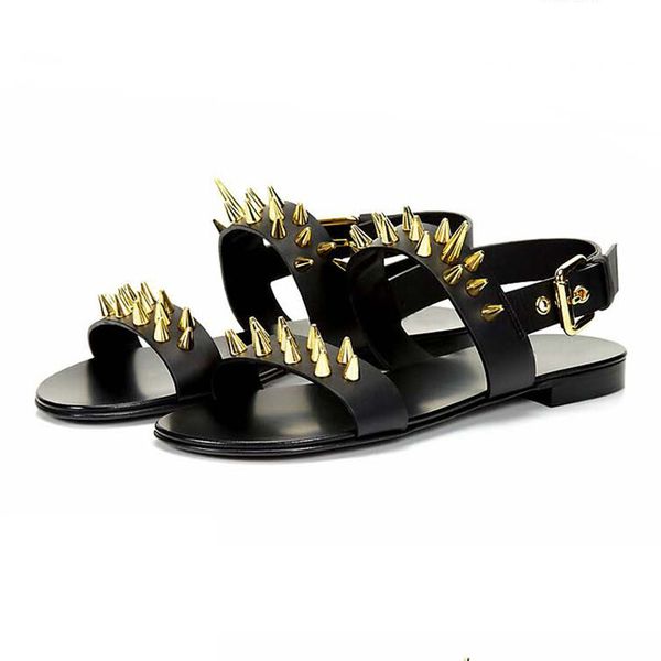 

fashion men shoes handmade genuine leather sandals men sandalias mujer with rivets designer's summer sandals male slippers, Black