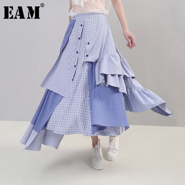 

eam] 2019 new spring summer high elastic waist blue plaid ruffles irregular split joint half-body skirt women fashion jx996, Black