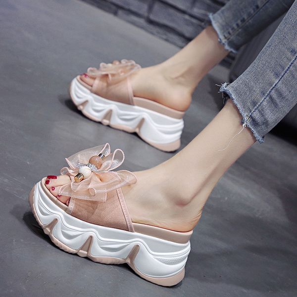 

flat shoes female ladies' slippers increased internal slipers women butterfly-knot flower slides heeled mules platform, Black