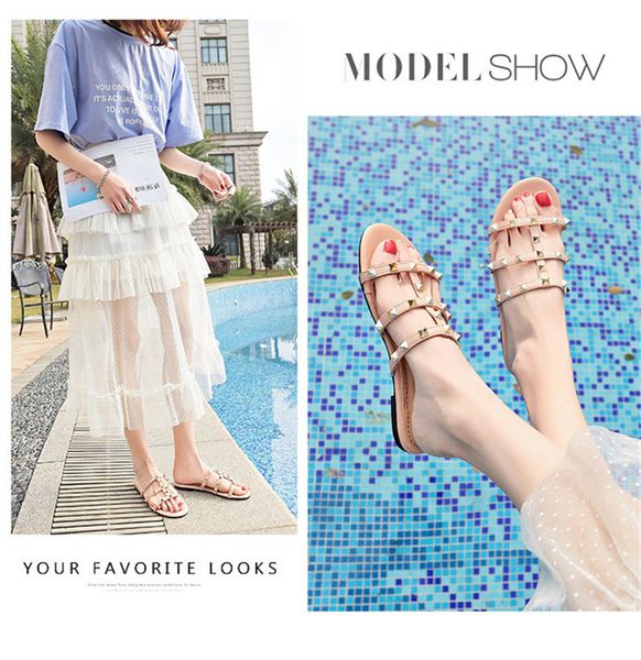 

fashion luxury designer women shoes designer sandals rivet brand flat slippers sandal girl shoes platform slides lady flip flops studded hot, Black