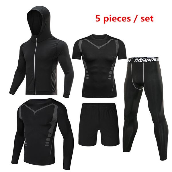 

5pcs / set men's tracksuit gym fitness compression sport suit clothes running jogging sports wear exercise workout tights, Black;blue
