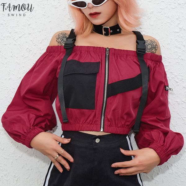 

womens off shoulder zipper shirt hip hop slash neck dance zipper party stylish patchwork loose crop plus size s 2xl, White