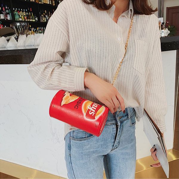 

2019 fashion personality desiger women bag fun potato chip printing folder barrel-shaped pu leather chain female crossbody bags