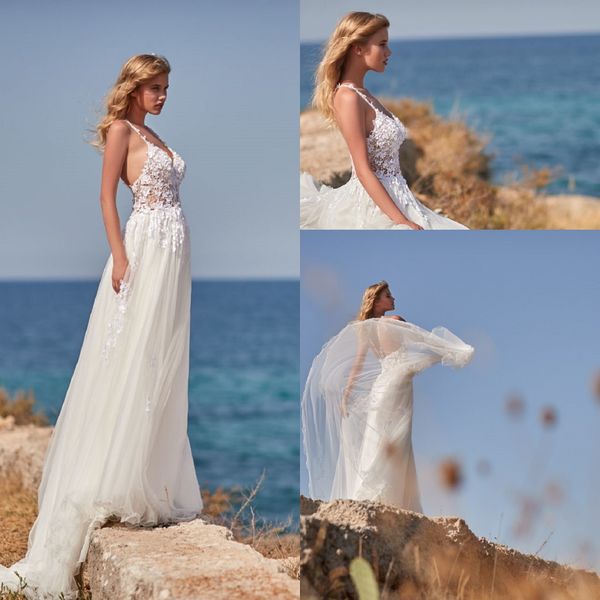 

modest a line maisonsignore dresses spaghetti sleeveless tulle lace applique ruched wedding gown sweep train robe de mariÃ©e, White