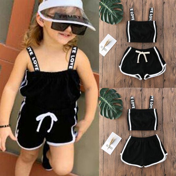 

sport infant baby girl kids sunsuit clothes sling strap + drawstring pants outfits fitness clothes sets, Black;blue