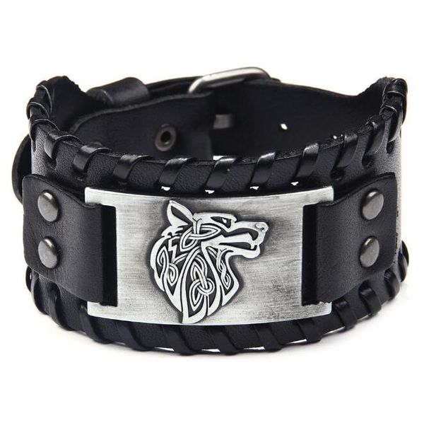 

men's wolf head wide leather bracelet alloy new braided bracelet cross-border leather jewelry bracelet wy1170, Black