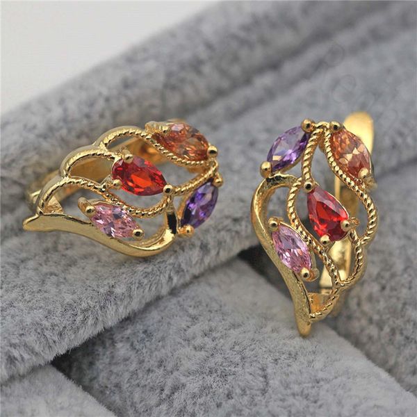 

new hoop earrings for women gold color earring with hollow leaf shape rainbow waterdrop zircon jewelry wedding accessories, Golden;silver