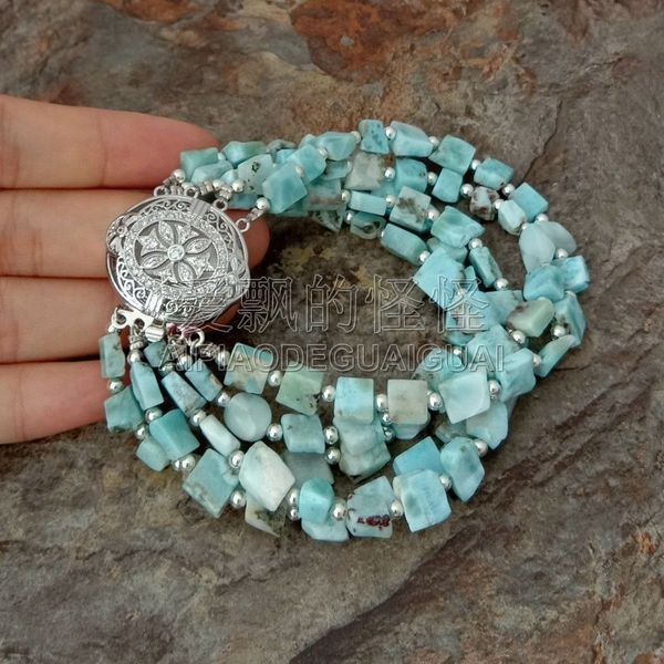 

b051117 8" 5 strands natural square blue larimar bracelet, Golden;silver