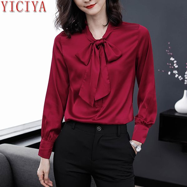 

yiciya office ol bow blouse women chiffon office work shirt long sleeve plus size clothing 2018 autumn winter elegant black red, White