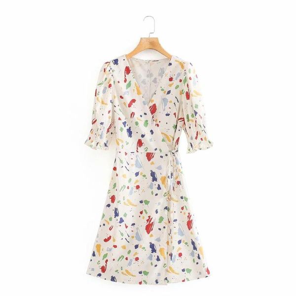 

new 2020 women colourful graffiti print lace up kimono dress female puff sleeve casual slim vestidos country chic dresses ds3905, Black;gray