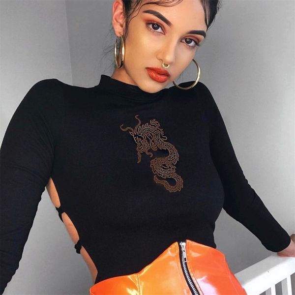 

dragon embroidery backless lace up long sleeve black bodysuit women bodycon jumpsuit streetwear fall, Black;white