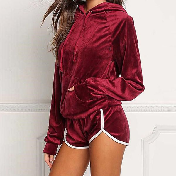 

бархатный костюм две пьесы набор женщины сексуального длинного рукав толстовка top + короткие брюки костюма runway набор мода sportwear ws31, White