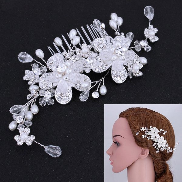 

floralbride wired rhinestones crystal simulated pearls flower wedding hair comb bridal headpieces hair accessories women jewelry, Golden;white