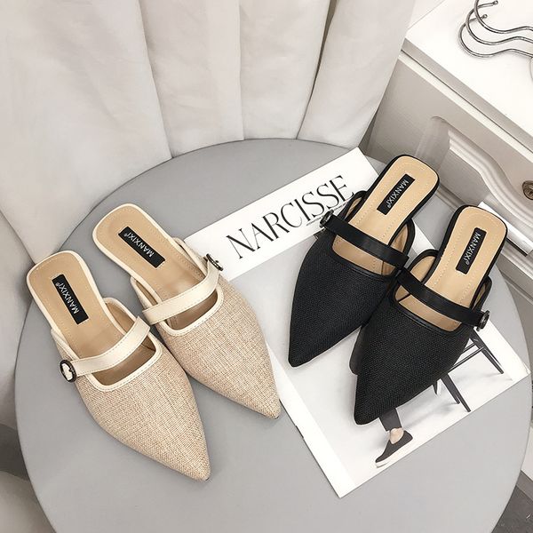 

slippers women summer cover toe shallow shoes woman 2020 low pantofle slides female mule buckle strap flat new soft, Black