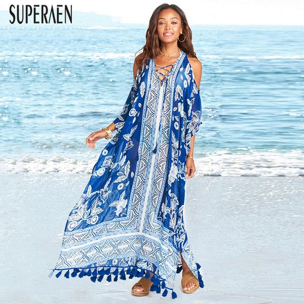 

superaen europe chiffon long dress women fashion casaul printed beach dress female pluz sized tassels summer new 2020, Black;gray