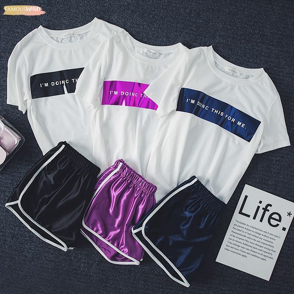 

new 2019 womens sets two piece suit fashion casual plus size tracksuit letter short-sleeve elastic waist shorts women, White