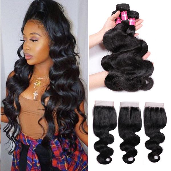 

body wave bundles with closure brazilian hair weave bundles with closure non remy human hair bundles with closure, Black