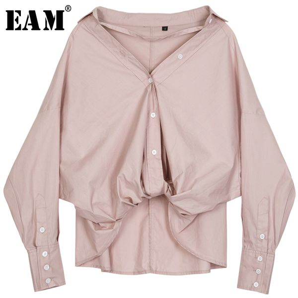 

eam] женщины кнопка асимметричный темперамент блуза новый v-воротником с длинным рукавом сыпучие fit рубашка мода весна осень 2020 1a269, White