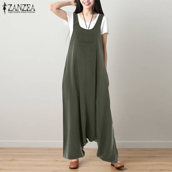 

2019 Plus Size ZANZEA Women Rompers Casual Straps Drop-Crotch Jumpsuit Vintage Solid Cotton Linen Long Playsuits Overalls Femme