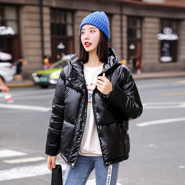 

down cotton women short paragraph new bright korean version loose thick hooded cotton coat female fashion silver warm jacket, Black
